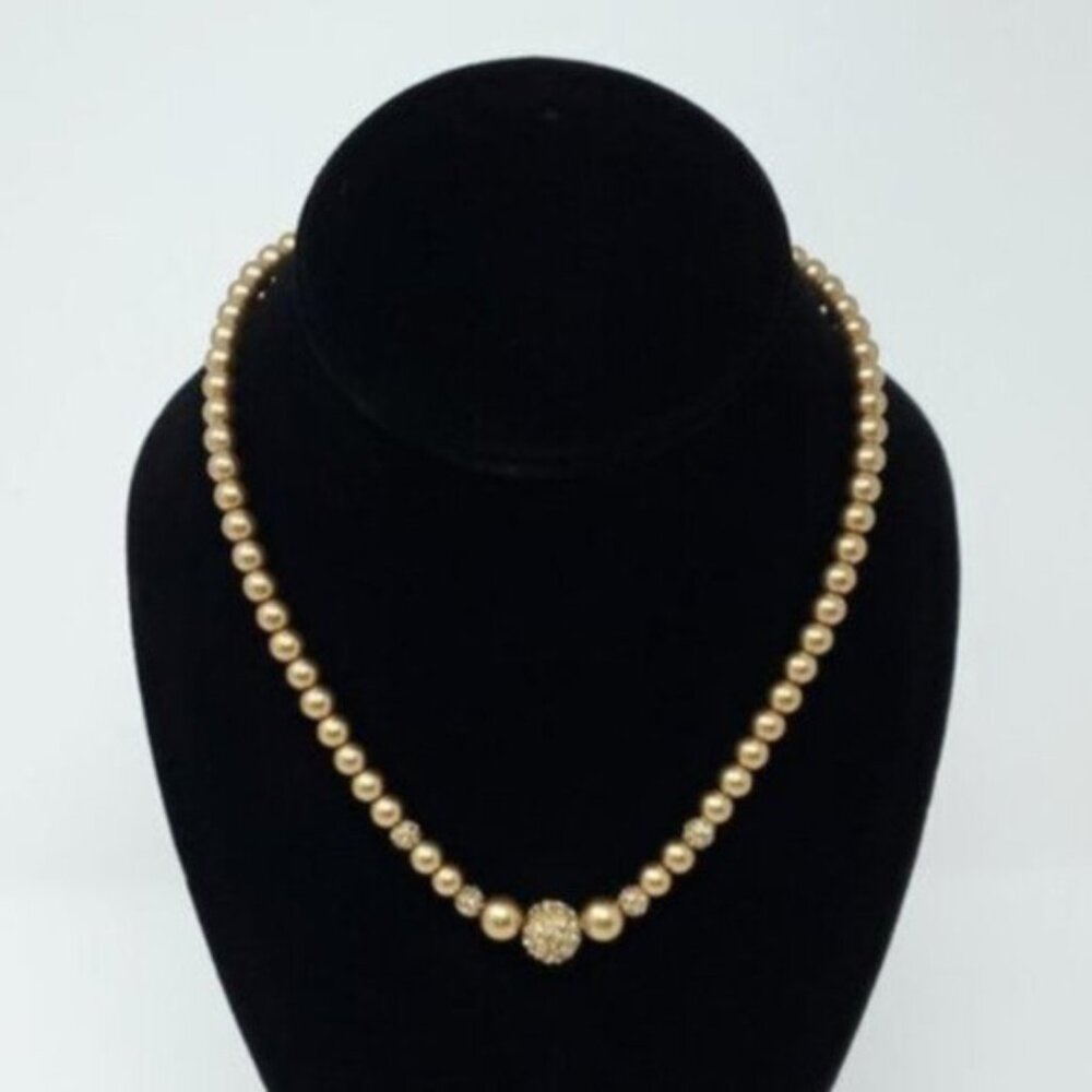 Carolee Gold Tone Faux Pearl & Pave Ball Necklace – 18” Classic Elegant Style